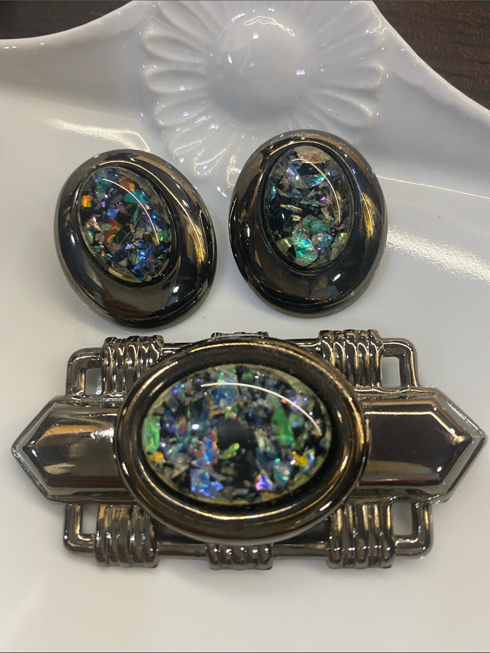 Vintage Gunmetal Brooch and Pierced Earring Set